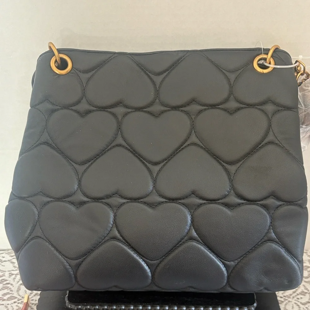 Betsey Johnson Rare Leopard XOMia 💎 Black Heart Quilted Bag w/Leopard Interior - Picture 6 of 10